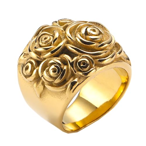HIJONES Damen Edelstahl Retro Rose Bloom Floral Chunky Statement Ringe Hochzeit Verlobungsband Gold Größe 68 (21.6) von HIJONES
