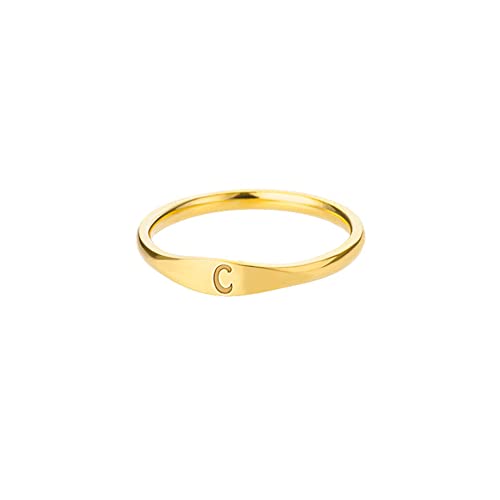 HIJONES Damen Edelstahl Ring mit Buchstaben Siegelring Alphabet Initialenring Stapelbares Einfaches Statement Ehering Gold C Größe 54 von HIJONES