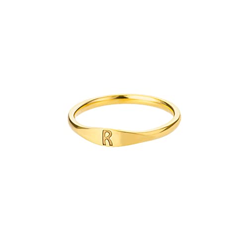 HIJONES Damen Edelstahl Ring mit Buchstaben Siegelring Alphabet Initialenring Stapelbares Einfaches Statement Ehering Gold R Größe 54 von HIJONES