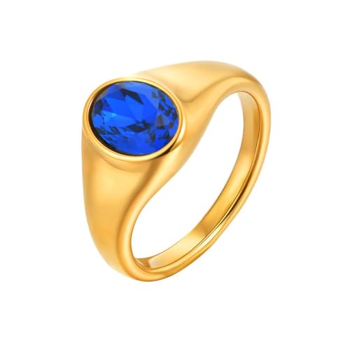 HIJONES Damen Edelstahl Schneide Kristallstein Vergoldeter Sigillenring Aus Solidem Zirkonia Glänzender Hochzeitsring Blauer Stein Größe 57 (18.1) von HIJONES