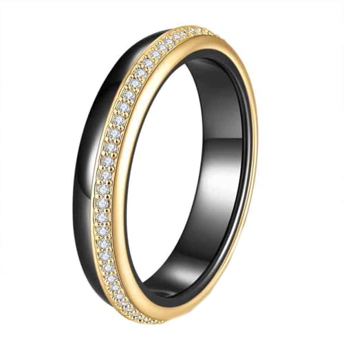 HIJONES Damen Edelstahl Stylish Mikro Pave Zirkonia Schwarz Weiß Keramik 4MM Paarring Hochzeits Verlobungsring Finger Schmuck Gold Schwarz Größe 62 (19.7) von HIJONES