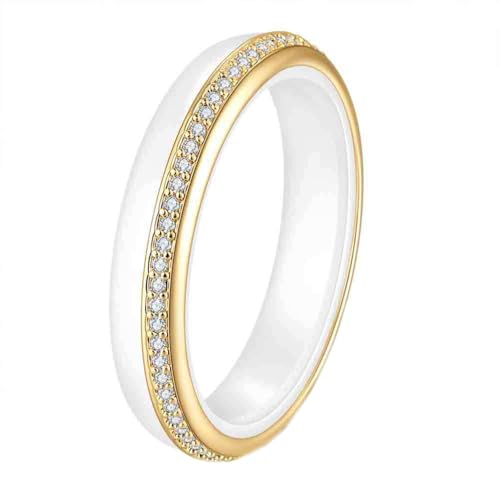 HIJONES Damen Edelstahl Stylish Mikro Pave Zirkonia Schwarz Weiß Keramik 4MM Paarring Hochzeits Verlobungsring Finger Schmuck Gold Weiß Größe 60 (19.1) von HIJONES