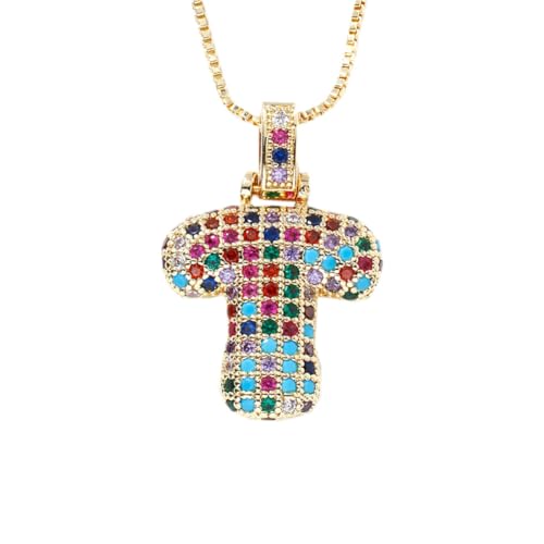 HIJONES Damen Edelstahl Trendige Bubble Regenbogen Buchstabe Halskette Zirkonia Alphabet Name Anhänger Halskette Gold T von HIJONES