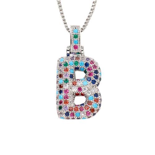 HIJONES Damen Edelstahl Trendige Bubble Regenbogen Buchstabe Halskette Zirkonia Alphabet Name Anhänger Halskette Silber B von HIJONES