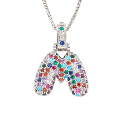 HIJONES Damen Edelstahl Trendige Bubble Regenbogen Buchstabe Halskette Zirkonia Alphabet Name Anhänger Halskette Silber M von HIJONES