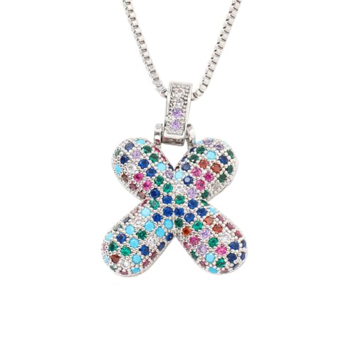 HIJONES Damen Edelstahl Trendige Bubble Regenbogen Buchstabe Halskette Zirkonia Alphabet Name Anhänger Halskette Silber X von HIJONES