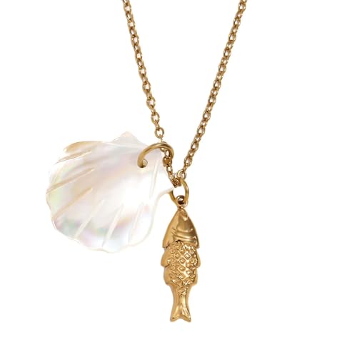 HIJONES Damen Gold Koi Fisch Weiß Muschel Anhänger Halskette Edelstahl Personalisiert Zart Charm Kette Schmuck Gold von HIJONES