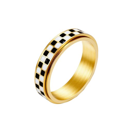 HIJONES Damen Herren 6mm Drehbarer Schwarz-Weiß Schachbrettring Edelstahl Personalisiert Ringband Schmuck Gold Größe 60 (19.1) von HIJONES