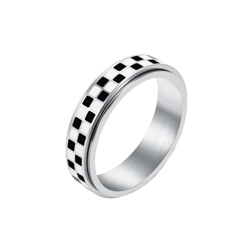 HIJONES Damen Herren 6mm Drehbarer Schwarz-Weiß Schachbrettring Edelstahl Personalisiert Ringband Schmuck Silber Größe 62 (19.7) von HIJONES