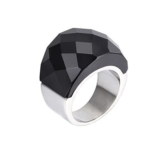 HIJONES Damen Kristall Stein Edelstahl Statement Ring Vintage Cocktail Party Schmuck, Silber Schwarz Größe 54 von HIJONES