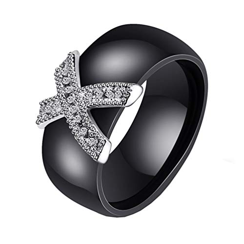 HIJONES Damen Mädchen Elegante Kristall Keramik Ring Kuppel aus Edelstahl mit Zirkonia Promise Eheringe Schwarz Größe 60 von HIJONES