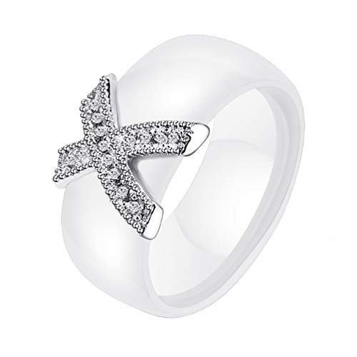 HIJONES Damen Mädchen Elegante Kristall Keramik Ring Kuppel aus Edelstahl mit Zirkonia Promise Eheringe Weiß Größe 52 von HIJONES