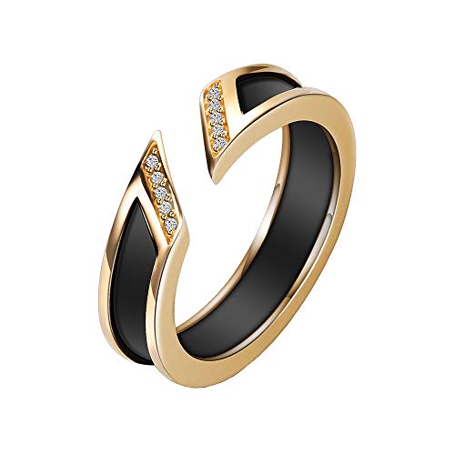 HIJONES Damen Öffnen Manschette Einstellbar Hochzeit Keramik Ring Bands mit Zirkonia Inlay Gold Schwarz Größe 62 von HIJONES