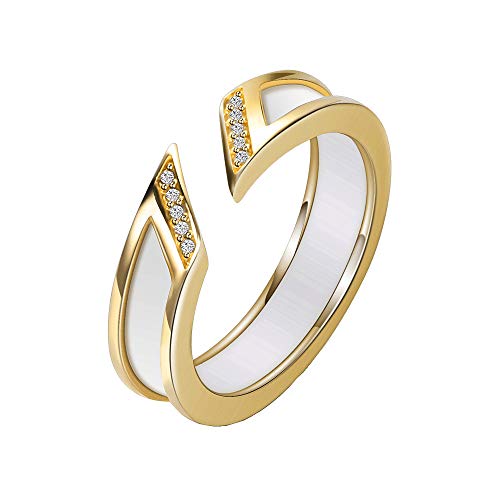 HIJONES Damen Öffnen Manschette Einstellbar Hochzeit Keramik Ring Bands mit Zirkonia Inlay Gold Weiß Größe 57 von HIJONES