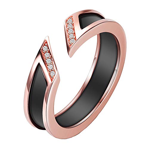 HIJONES Damen Öffnen Manschette Einstellbar Hochzeit Keramik Ring Bands mit Zirkonia Inlay Schwarz Größe 60 von HIJONES