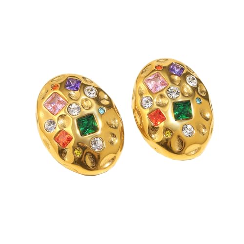 HIJONES Damen Oval Bunte Zirkonia Ohrstecker Personalisierter Edelstahl Ohrschmuck Mehrfarbig von HIJONES