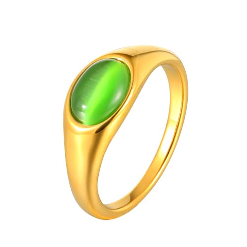 HIJONES Damen Oval Edelstein Edelstahl Ring Band Personalisierter Stein Signet Schmuck für Verlobung Hochzeit Grün Größe 54 (17.2) von HIJONES