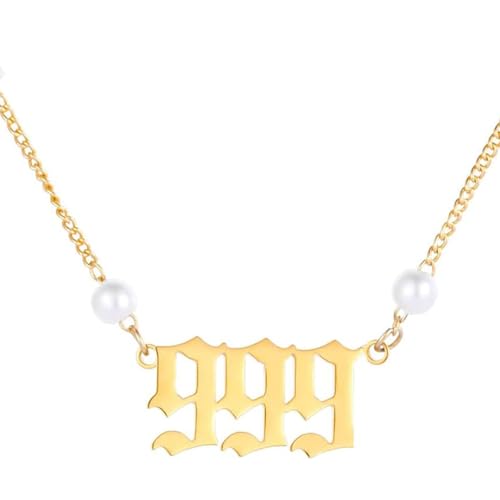 HIJONES Damen Perle Engel Zahl 999 Halskette Nummer Zahlen Anhänger Choker Kette Numerologie Schmuck Gold von HIJONES