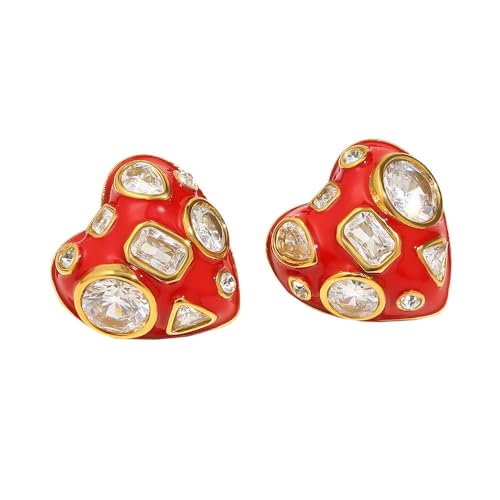 HIJONES Damen Rot Tropföl Weiß Zirkonium Ohrstecker Personalisiert Edelstahl Unterschiedliche Form Diamant Ohr Ornament Liebe Herz von HIJONES