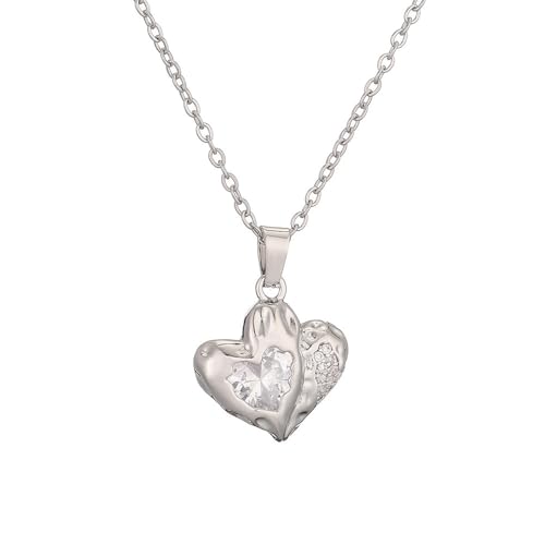 HIJONES Damen Weiß Zirkon Herz Anhänger Halskette Edelstahl Zartes Herz zu Herz Gliederkette Schmuck Silber von HIJONES
