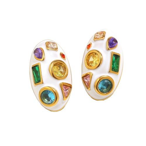 HIJONES Damen Weiße Ölfarbe Zirkonium Ohrstecker Personalisiert Edelstahl Unterschiedliche Form Diamant Ohrschmuck Oval von HIJONES