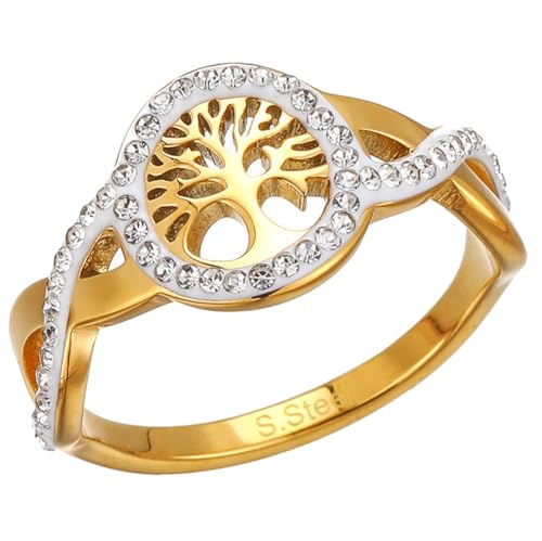 HIJONES Damen Zierlicher Hohler Lebensbaum-Ring Mit Zirkonia-Inlay aus Rostfreier Stahl Promise Hochzeit Verlobungsring Für Frauen Gold Größe 57 (18.1) von HIJONES