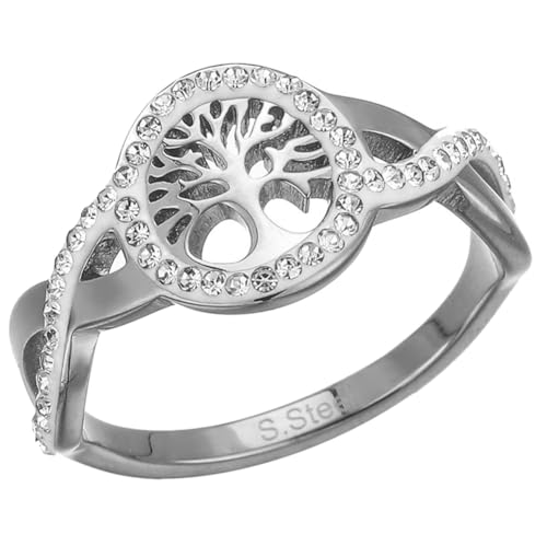 HIJONES Damen Zierlicher Hohler Lebensbaum-Ring Mit Zirkonia-Inlay aus Rostfreier Stahl Promise Hochzeit Verlobungsring Für Frauen Silber Größe 57 (18.1) von HIJONES