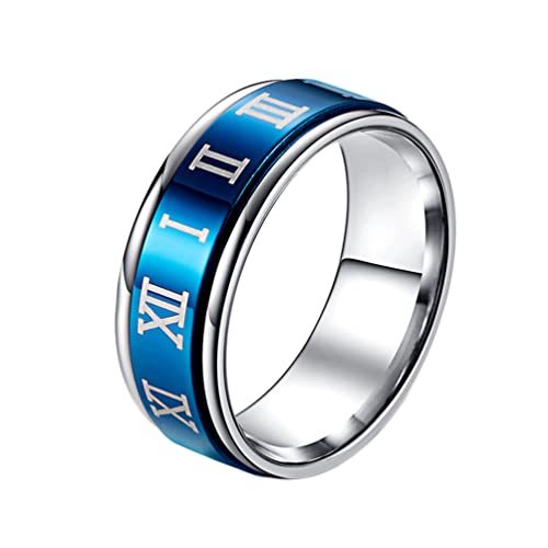 HIJONES Edelstahl Römische Ziffer Drehbarer Ring für Männer Frauen Angst Stressabbau Ring Band Blau Größe 62 von HIJONES