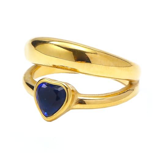 HIJONES Frauen Design Sense Double Layer Love Heart Cubic Zirconia Ring aus Edelstahl Dating Verlobung Hochzeit Schmuck Blau Cz Gold Größe 57 (18.1) von HIJONES