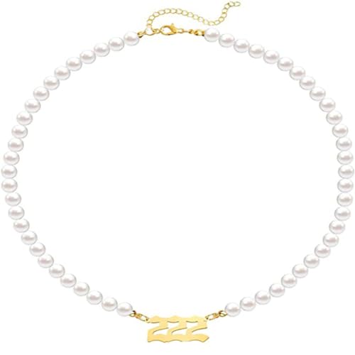HIJONES Frauen Einfache Perlen-Engel-Zahlen-Anhänger-Halskette aus Edelstahl Zierliche Zahl Choker Kette Gold 222 von HIJONES