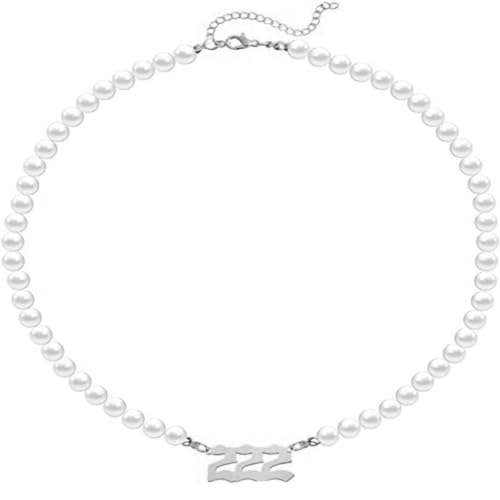 HIJONES Frauen Einfache Perlen-Engel-Zahlen-Anhänger-Halskette aus Edelstahl Zierliche Zahl Choker Kette Silber 222 von HIJONES