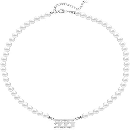 HIJONES Frauen Einfache Perlen-Engel-Zahlen-Anhänger-Halskette aus Edelstahl Zierliche Zahl Choker Kette Silber 555 von HIJONES