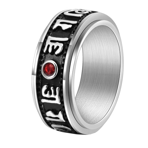 HIJONES Frauen Herren Drehbar 6 Zeichen Edelstahl Ringschiene mit Rotem Diamant Personalisierter Schmuck Silber Größe 60 (19.1) von HIJONES