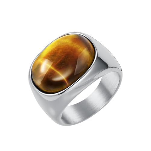 HIJONES Frauen Herren Klassisch Oval Edelstein Edelstahl Ring Vintage Personalisiert Hip Hop Ring Band Schmuck Silber Braun Größe 70 (22.3) von HIJONES