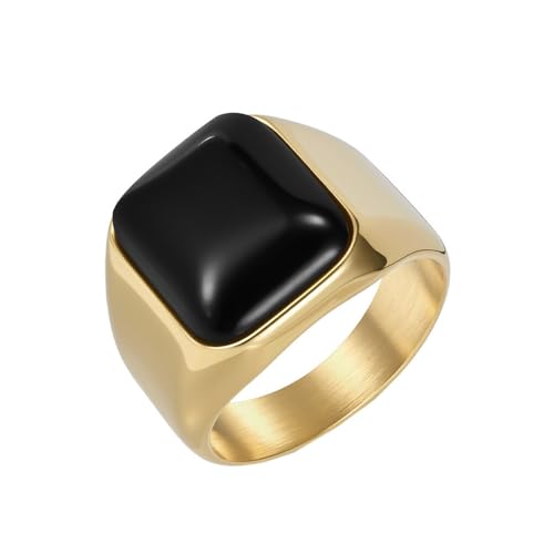 HIJONES Frauen Herren Klassisch Quadrat Edelstein Edelstahl Ring Vintage Personalisiert Hip Hop Ring Band Schmuck Gold Schwarz Größe 65 (20.7) von HIJONES