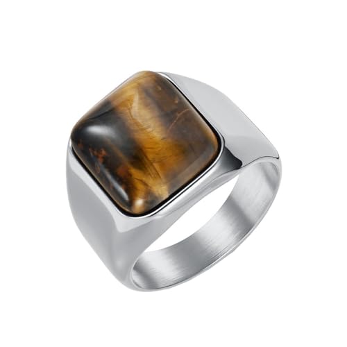 HIJONES Frauen Herren Klassisch Quadrat Edelstein Edelstahl Ring Vintage Personalisiert Hip Hop Ring Band Schmuck Silber Braun Größe 68 (21.6) von HIJONES