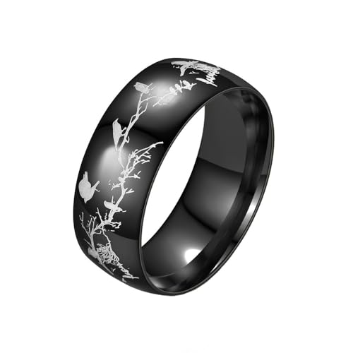 HIJONES Frauen Herren Tier Vogel Baum Ast Edelstahl Ring Band Personalisierter Schmuck für Verlobung Hochzeit Schwarz Größe 52 (16.6) von HIJONES