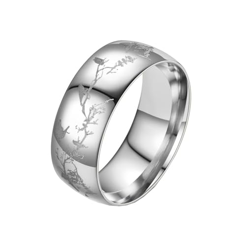 HIJONES Frauen Herren Tier Vogel Baum Ast Edelstahl Ring Band Personalisierter Schmuck für Verlobung Hochzeit Silber Größe 52 (16.6) von HIJONES