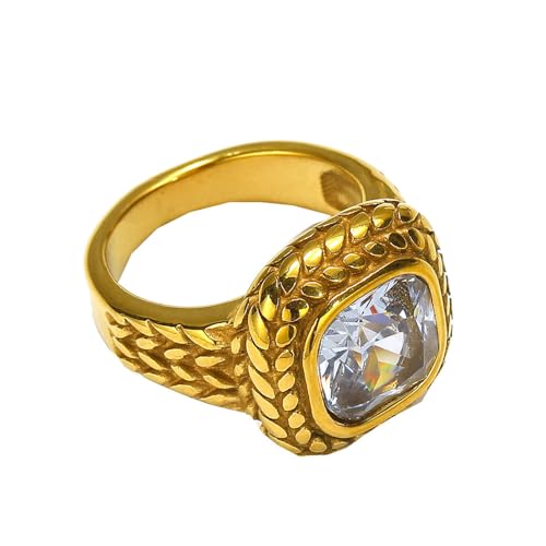 HIJONES Frauen Herren Weizen Muster Quadrat Edelstein Edelstahl Ring Vintage Personalisiert Hip Hop Schmuck Gold Weiß Größe 65 (20.7) von HIJONES