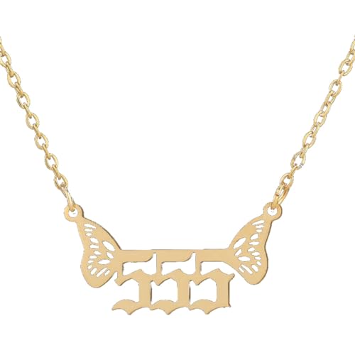 HIJONES Frauen Leichte Luxusflügel Engelszahl-Anhänger-Halskette aus Rostfreier Stahl Zierliche Nummer Choker Kette Gold 555 von HIJONES