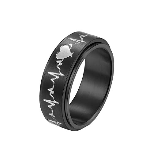 HIJONES Frauen Männer EKG Drehbarer Ring aus Rostfreier Stahl Versprechen Sie Herzschlag-Ring-Schmuck Für Paare 8MM Junge Schwarz Größe 60 (19.1) von HIJONES