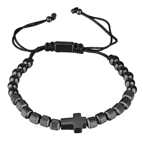 HIJONES Frauen Männer Kreuz Kette Perlen Armband aus Rostfreier Stahl Klassisches Coolness Schmuck Geschenk Herren Gliederarmband Verstellbar Schwarz von HIJONES