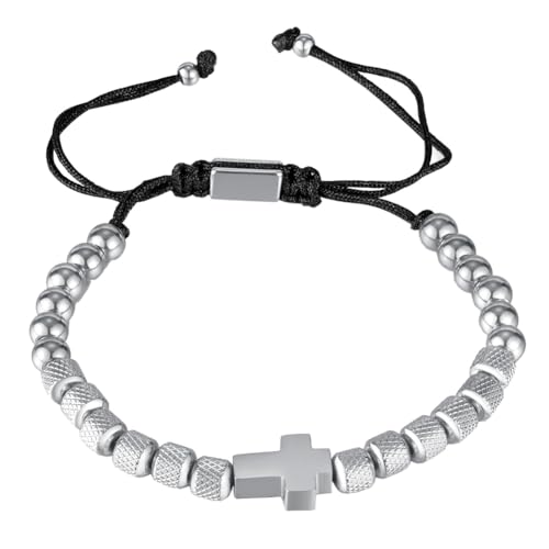 HIJONES Frauen Männer Kreuz Kette Perlen Armband aus Rostfreier Stahl Klassisches Coolness Schmuck Geschenk Herren Gliederarmband Verstellbar Silber von HIJONES