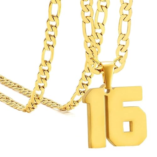 HIJONES Frauen Männer Nummer Anhänger Halskette Charm Kette Personalisierter Schmuck Gold 16 von HIJONES