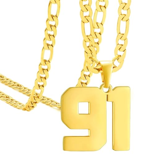 HIJONES Frauen Männer Nummer Anhänger Halskette Charm Kette Personalisierter Schmuck Gold 91 von HIJONES