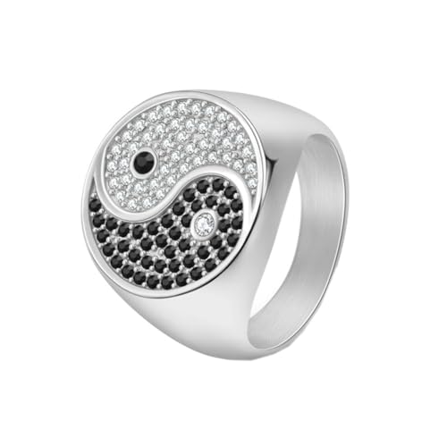 HIJONES Frauen Männer Vintage Taoismus Yin Yang Bagua Ring aus Rostfreier Stahl Zierlicher Cubic Zirkonia Inlay Ring Silber Größe 62 (19.7) von HIJONES