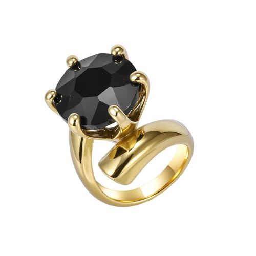 HIJONES Frauen Stein Edelstahl Ringband Personalisiertes übertriebenes Zirkonium Schmuck Gold Schwarz Größe 52 (16.6) von HIJONES