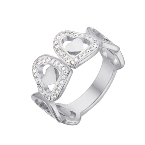 HIJONES Frauen Zierlicher Hohler Liebesherz-Ring aus Edelstahl Cubic Zirkonia Inlay Personalisierte Geschnitzte Schmuckstücke Silber Größe 57 (18.1) von HIJONES