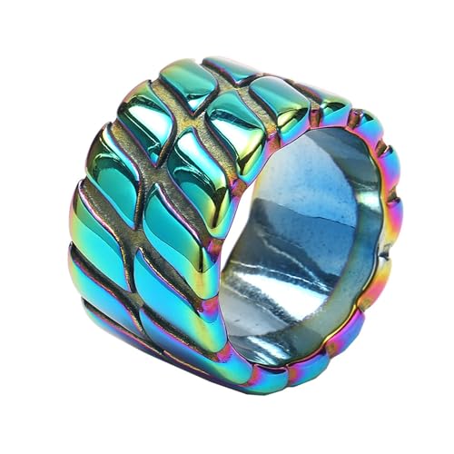 HIJONES Herren 14mm Vintage Streifen Edelstahl Hip Hop Ring Band Fingerschmuck Regenbogen Größe 60 (19.1) von HIJONES