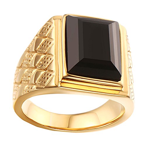 HIJONES Herren 18MM Klassisch 18K Vergoldet Geburtsstein Schwarz Stein Ring aus Edelstahl Größe 60 (19.1) von HIJONES